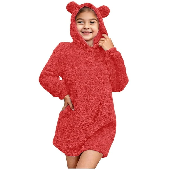 YunPes Fleece Pullover Girls Sweater Dress Winter Warm Hoodies Sweatshirts for Teens Cute Bear Ear Fuzzy Long Cozy Tops