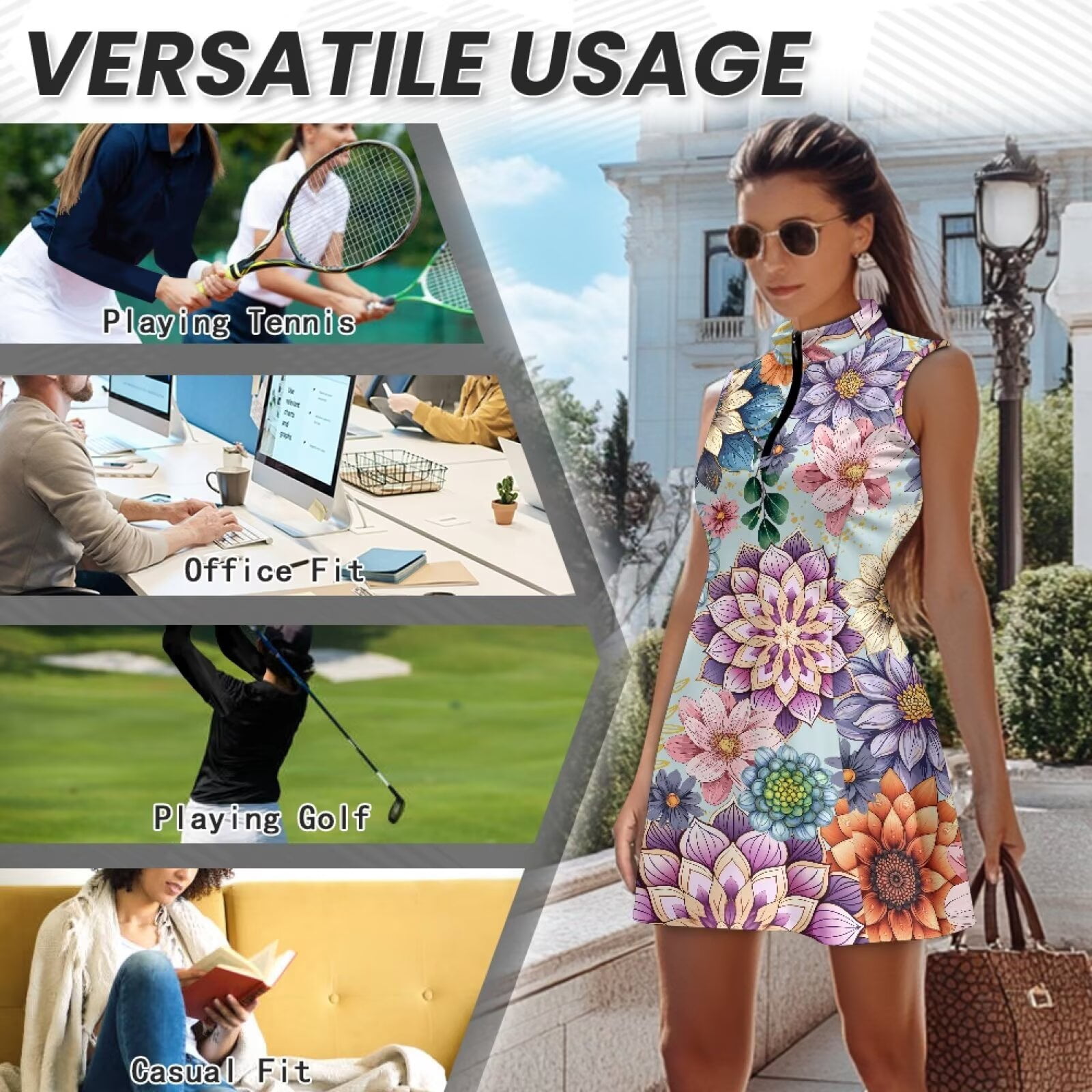Yuyamidu Boho Mandala Floral Golf Dress for Women Elastic Workout Dress Polyester Womens Golf Clothes Size XS Build in Shorts with Pockets Summer Outfits