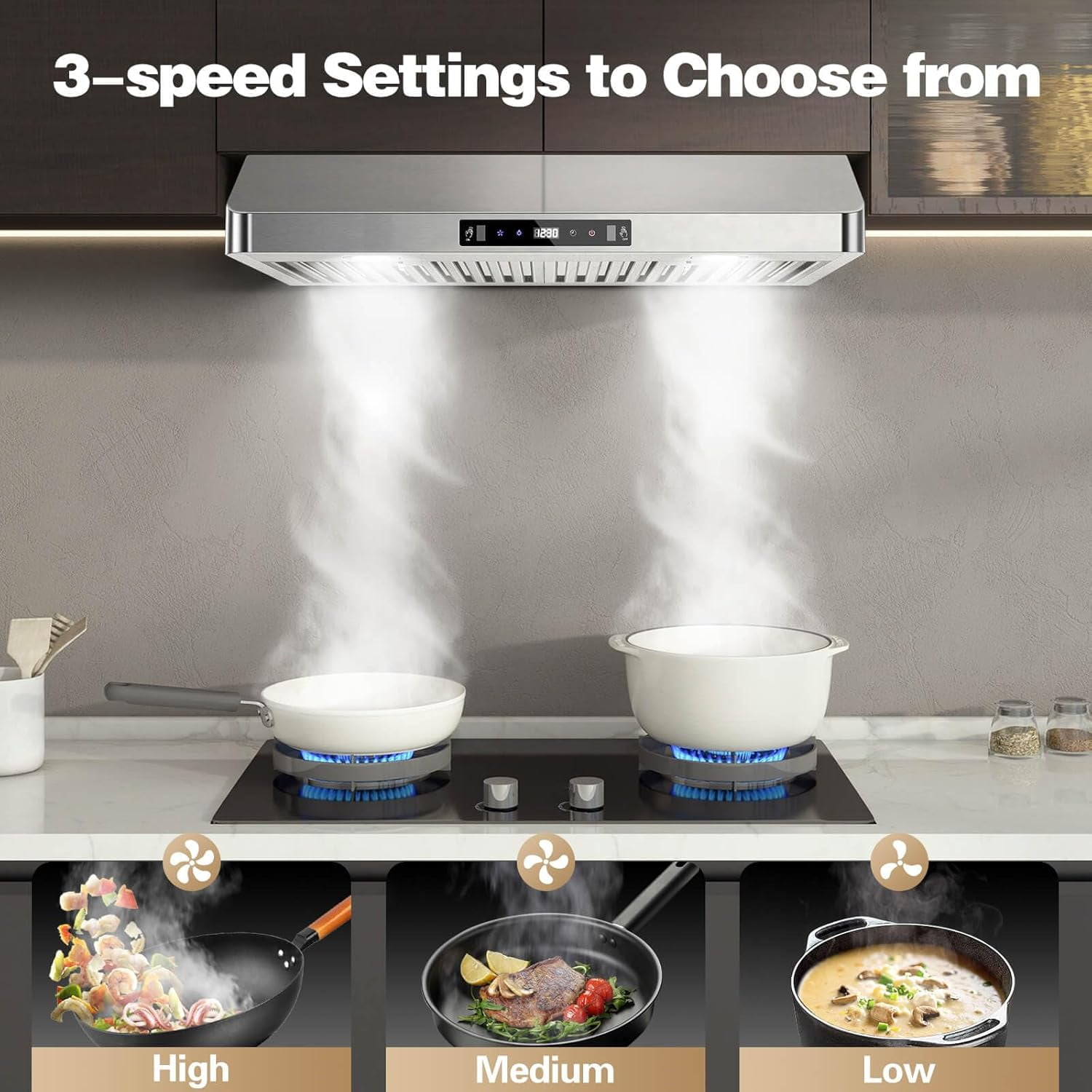 Under Cabinet Range Hood 30 inch Stainless Steel Ducted/Ductless Range Hood with Touch Gesture Remote Control 700CFM & 3-Speed Kitchen Stove Vent Hood Baffle Filters 3 Air Vents