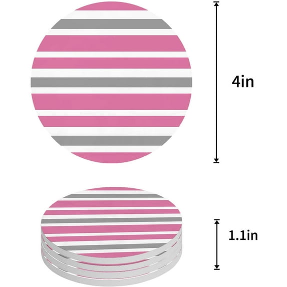 FMSHPON Pink Grey and White Stripes Set of 6 Round Coaster for Drinks, Absorbent Ceramic Stone Coasters Cup Mat with Cork Base for Home Kitchen Room Coffee Table Bar Decor
