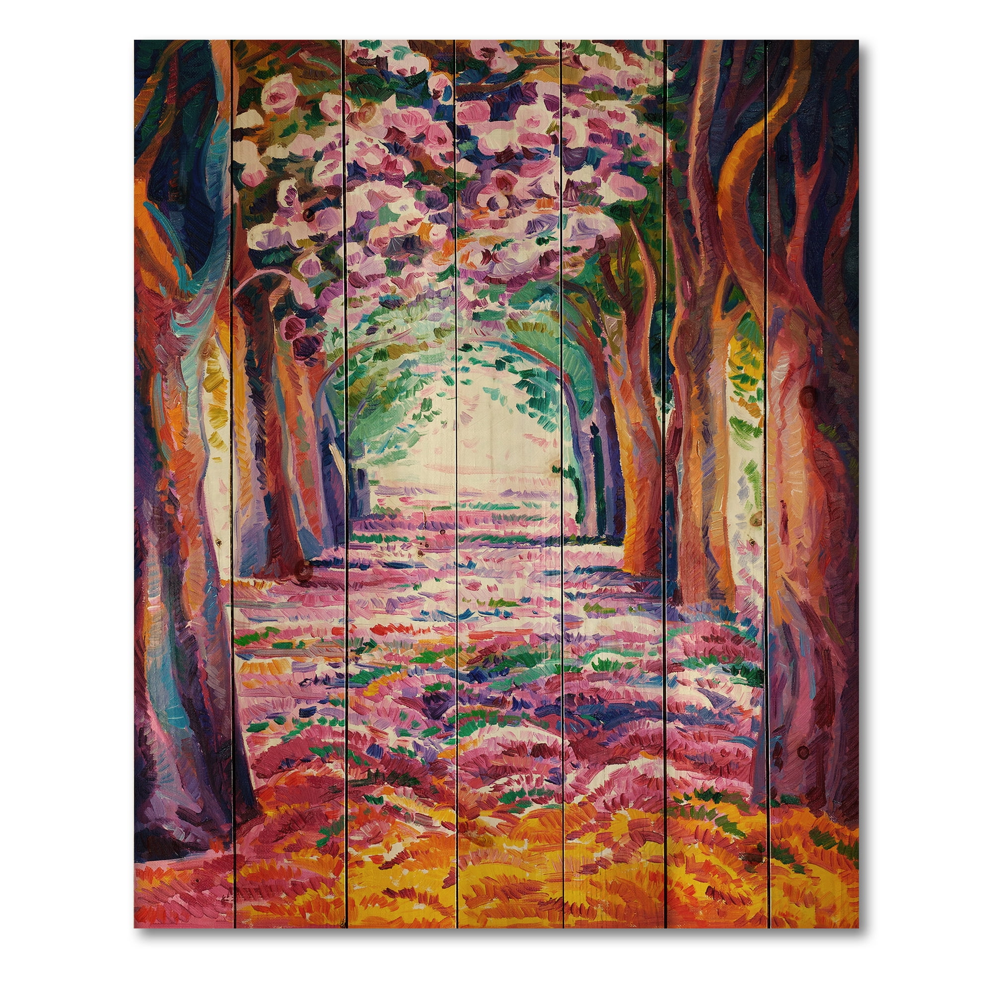 Designart 'Pink Flowering Colorful Spring Forest' Lake House Print on Natural Pine Wood