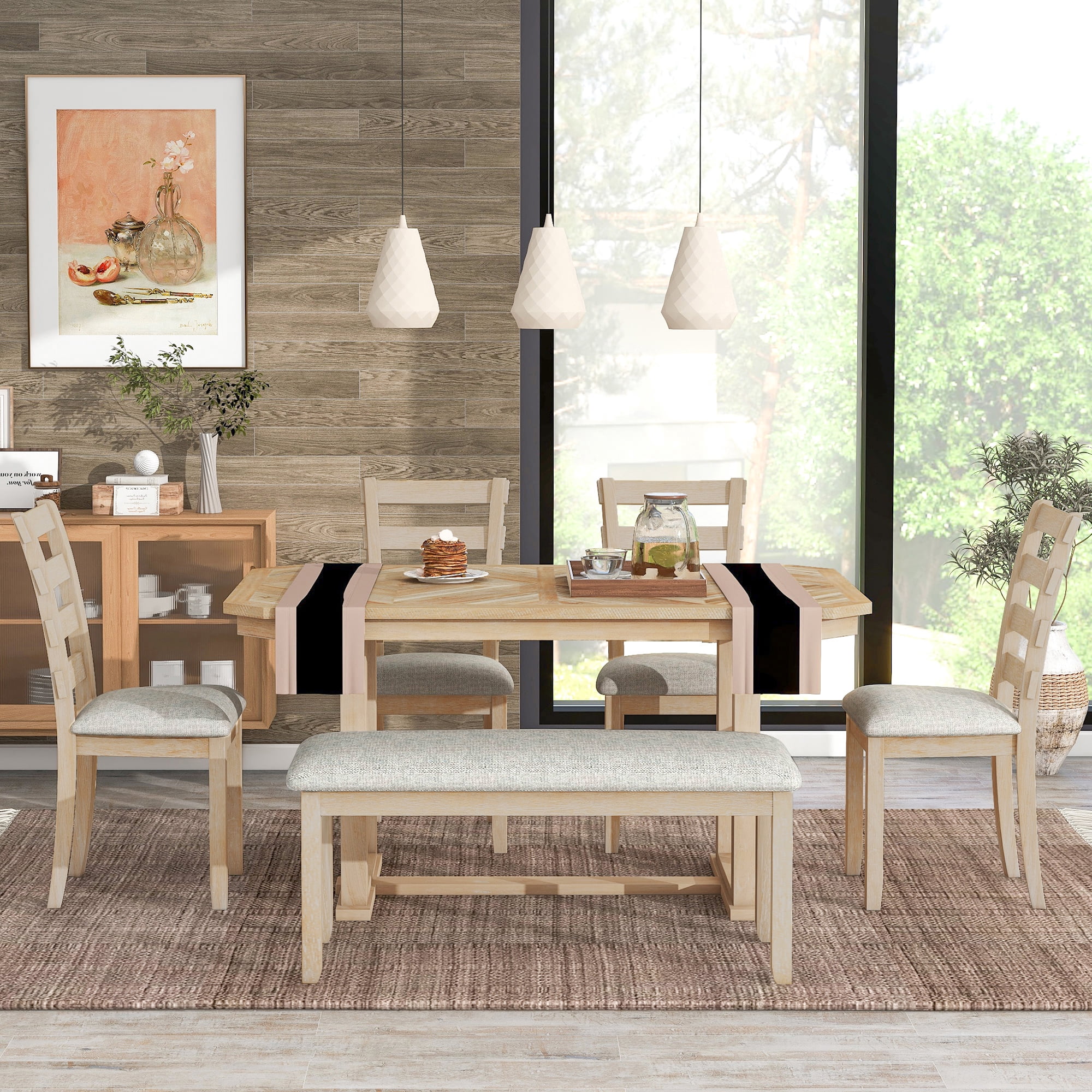 Euroco 6-Piece Rubber Wood Dining Table Set for 6, Farmhouse Kitchen Table Set with Beautiful Wood Grain Tabletop, 4 Upholstered Chairs & a Bench for Dining Room,Natural