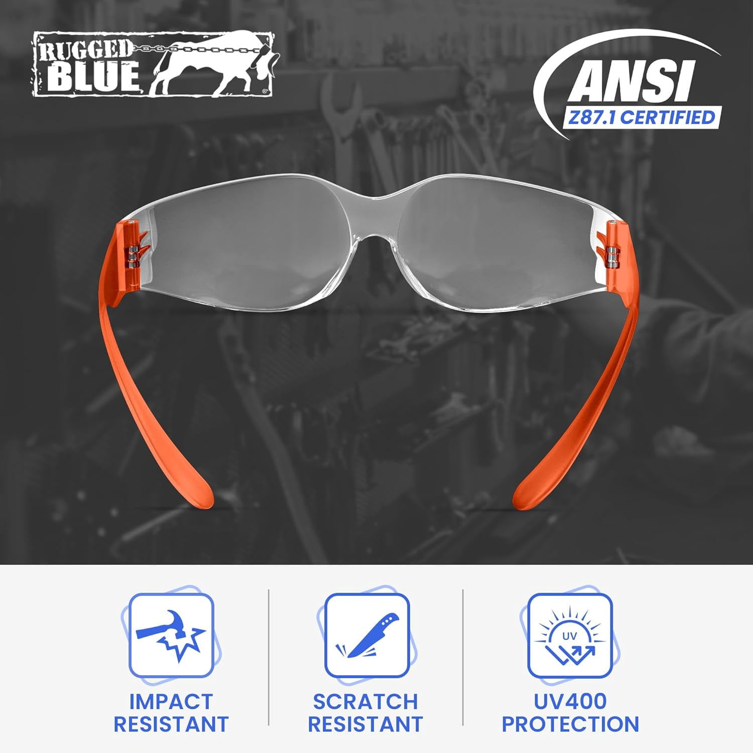Rugged Blue Diablo Safety Glasses - Orange Frame -12 Pack | Clear Lens Protective Eyewear | Lightweight Frameless Design | Scratch-Resistant Lens for Work Construction Lab and Industrial Use