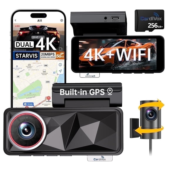 CardiVox Dash Cam A11 4K Front and 2K Rear Night Vision Sony Starvis Sensor with 256GB Card Included