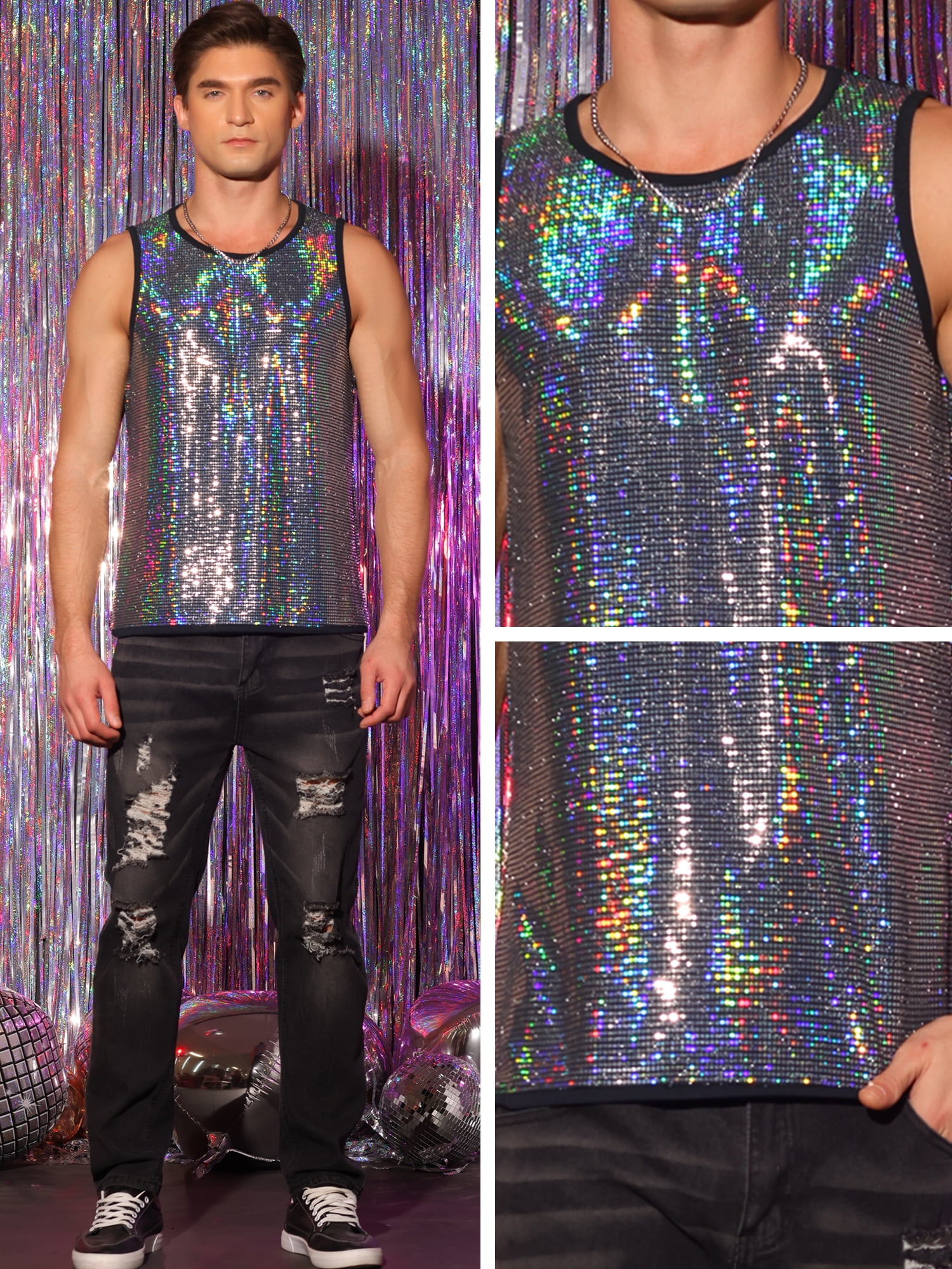 DARING DIVA Men's Sequin Tank Top Metallic Sparkle Glitter Sleeveless Tank Vest S Silver