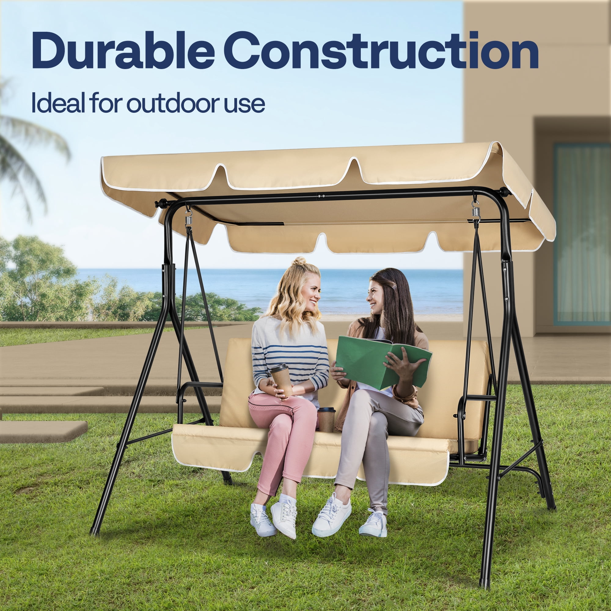 VIVOHOME 3 Seat Porch Swing Chair with Converting Canopy&Removable Cushion, Cushioned Steel Frame Porch Canopy Swing Chair, Swing Glider Hammock for Patio, Garden, Beige