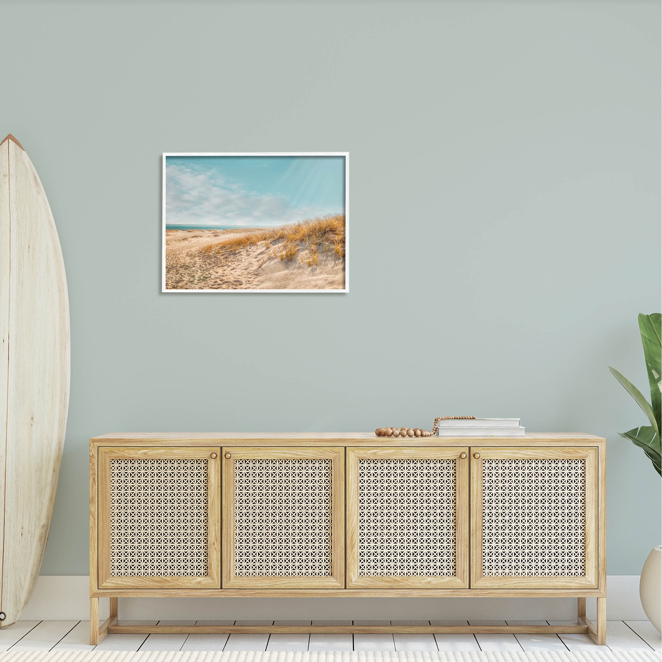 Sandy Ocean Beach Sun Rays Coastal Photograph White Framed Art Print Wall Art