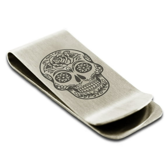 Tioneer Stainless Steel Day of the Dead Sugar Skull Engraved Money Clip Holder