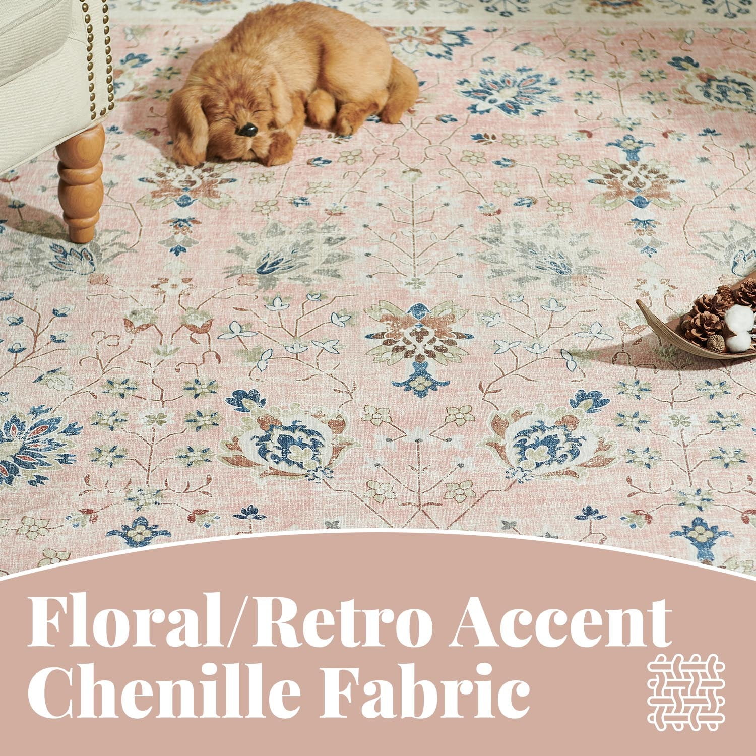RUGKING Rugs for Living Room 6'x9' Floral Printed Pink Indoor Washable Accent Rug with non-slip backing Vintage Chenille Mat for Bedroom Dining Room