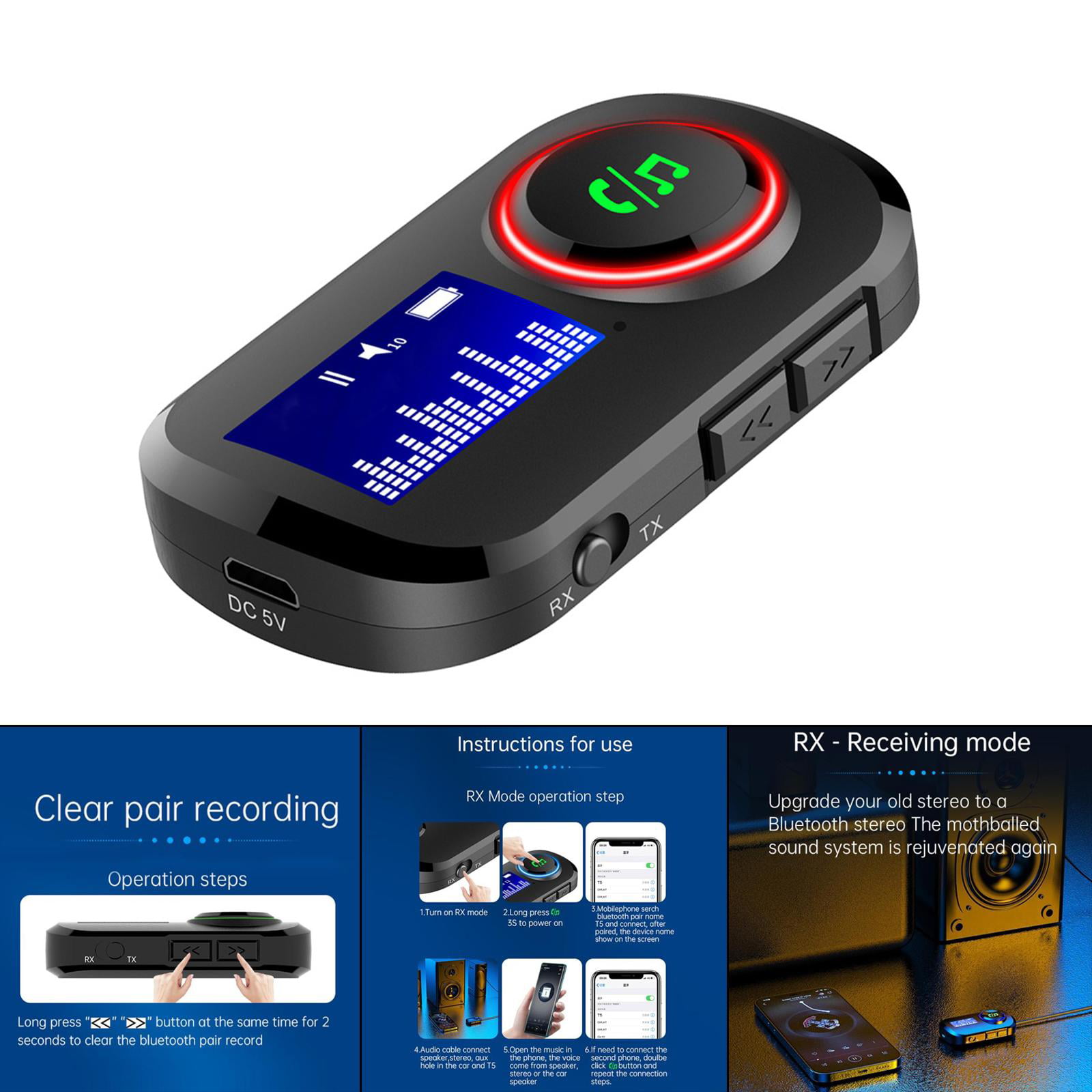 Car Wireless Audio Adapter Transmitter Receiver 3.5mm AUX Bluetooth 5.0 