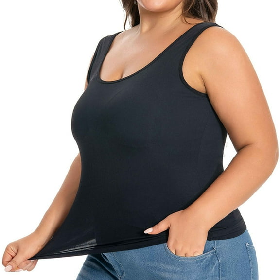 Kilaqueen Ribbed Knit Thermal Tank Tops for Women Plus Size Warm Comfy Shelf Bra Cami Long Underwear with Padding Workout Quick Dry Base Layer Vest