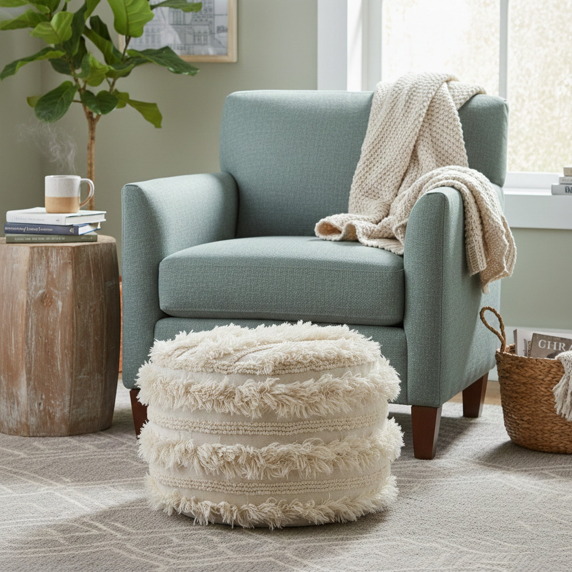 LR Home Alice Round Ivory Striped Shag Indoor Small Pouf Ottoman, 14" H x 18" W