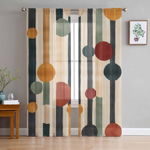 Abstract Boho Semi Sheer Curtains 72 Inch Length 2 Panels Set, Vintage Multicolored Geometric Stripes Sheer Kitchen Curtain Privacy Voile Window Curtain for Living Room Bedroom Rod Pocket Drapes