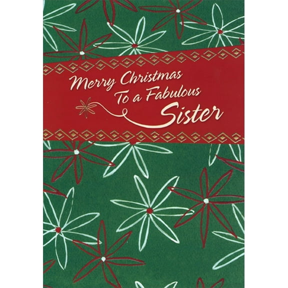Designer Greetings White and Red Flowers on Dark Green African American Christmas Card for Sister