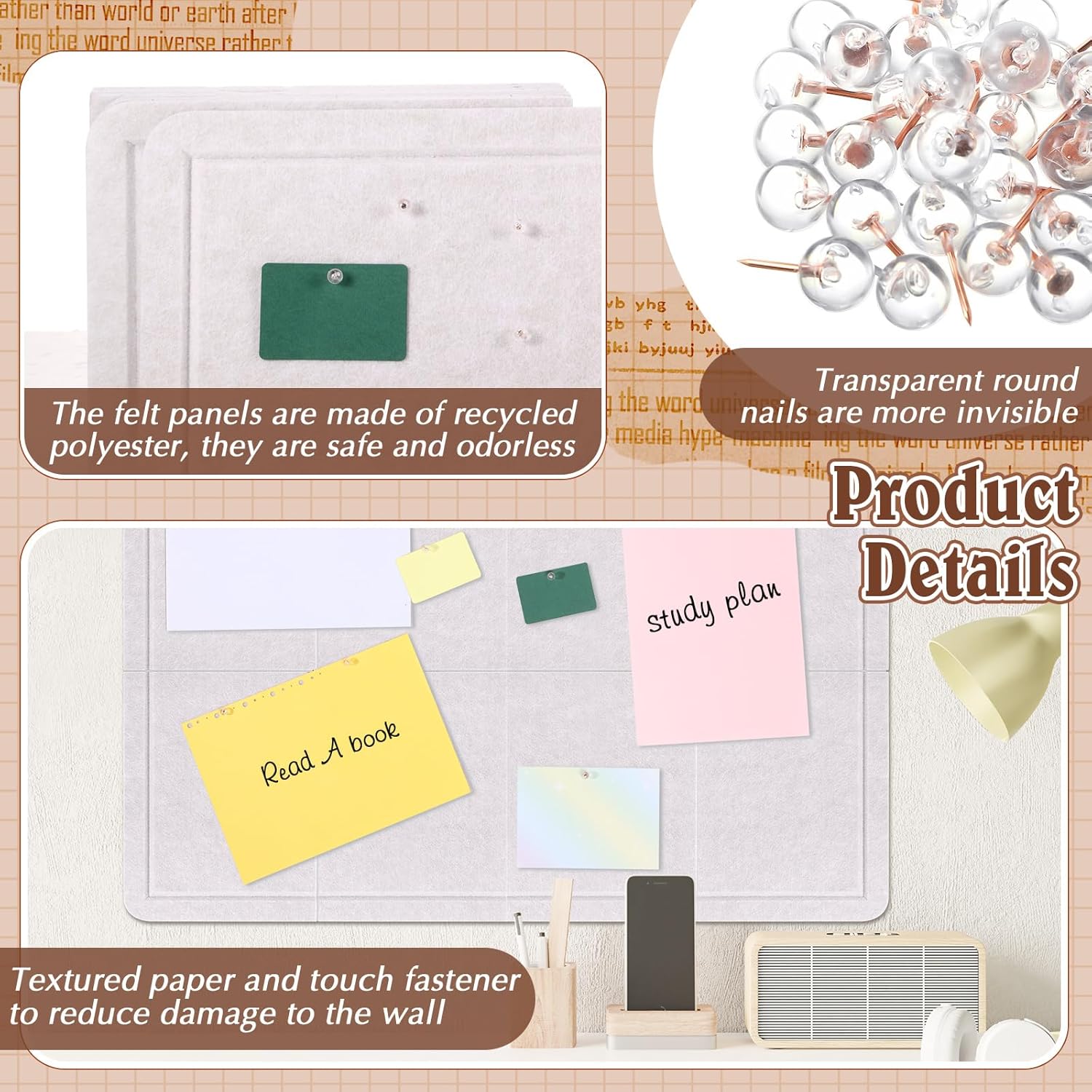 Large Beige Felt Bulletin Board 36 x 24 Alternative-9" x 12" 8 Pcs Felt Board Tiles for Wall Adhesive Bulletin Cork Board with Textured Paper, Sticker, Clear Round Pins for School Office