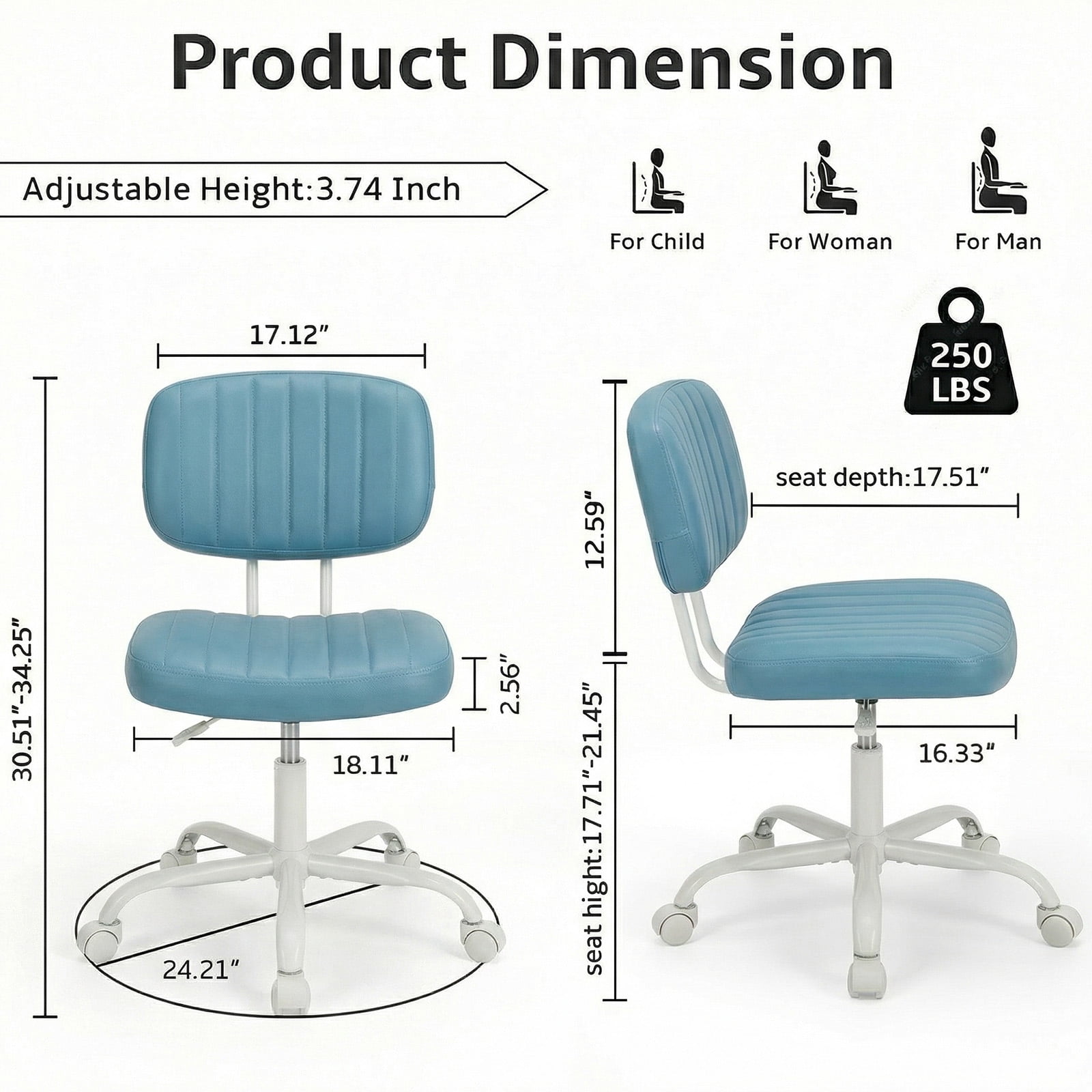edx Adjustable Height Armless Office Desk Chair with Wheels, PU Leather Mid Back 360°Swivel Small Computer Chair, Modern Task Chair for Home Office Reading Meeting Room, Blue