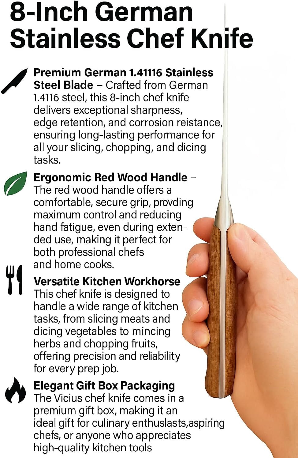8-Inch Chef Knife, German 1.4116 Stainless Steel Blade, Red Wood Handle, Professional Kitchen Knife for Slicing, Chopping & Dicing, Gift Box