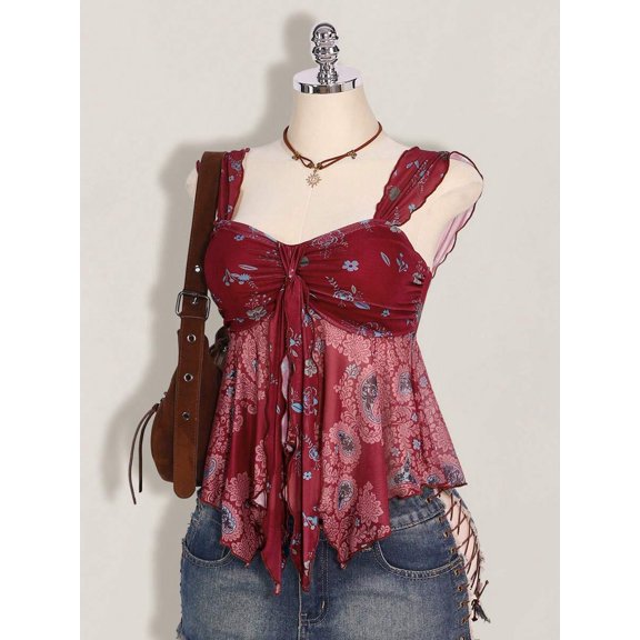 Burgundy Floral Print Asymmetrical Hem Tie-Front Peplum Tank Top For Women