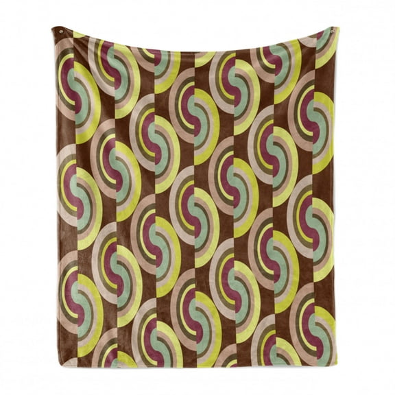 Retro Soft Flannel Fleece Blanket, Vintage Hippie Modern Design with Geometric Colorful Rounds Circles Image, Cozy Plush for Indoor and Outdoor Use, 70" x 90", Lilac Purple and Cocoa, by Ambesonne