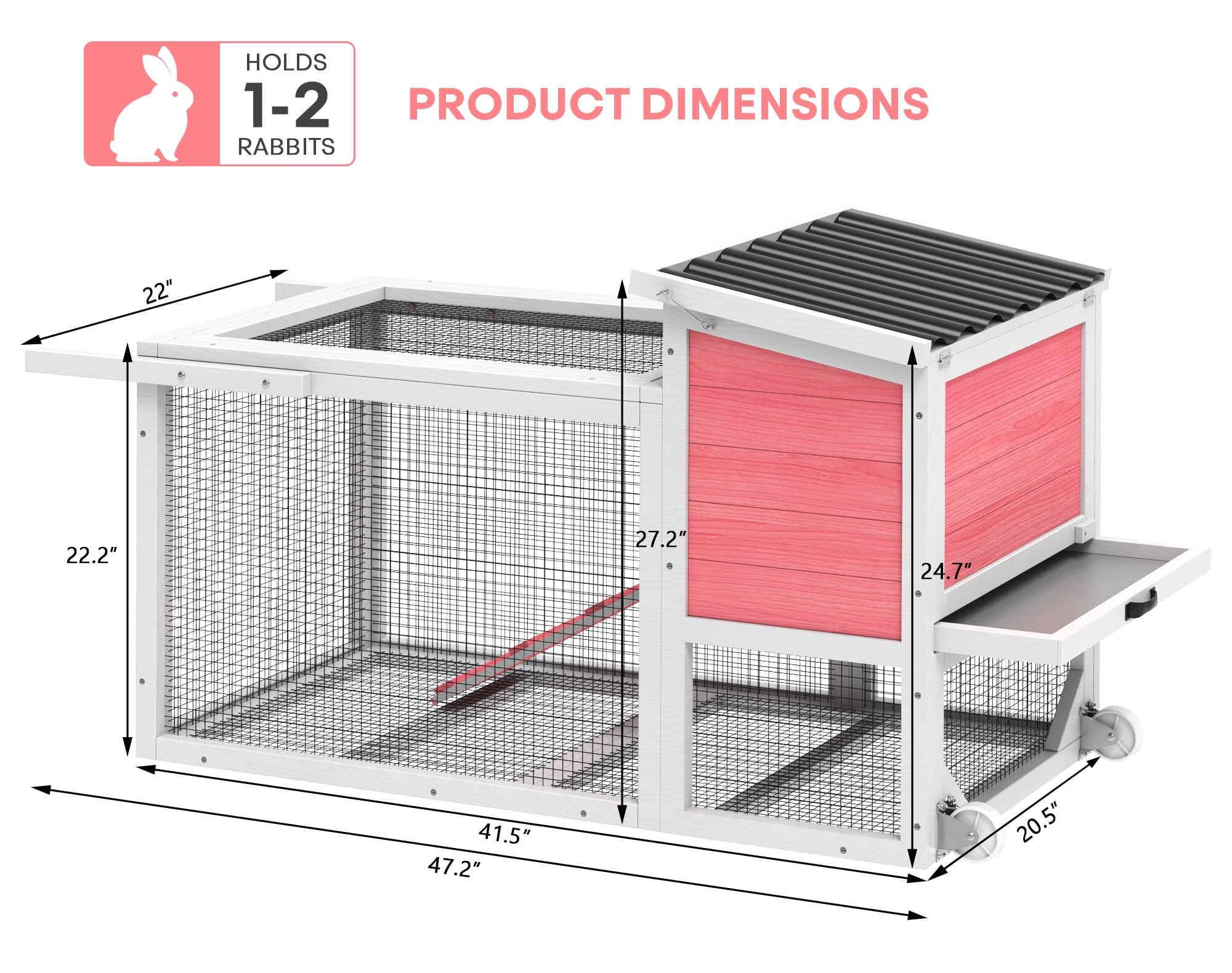TIMHAKA 2-Story Rabbit Hutch, Wooden Bunny Cage w/ Chew-Proof Ramp & Wheels & Pull-Out Tray for Rabbits & Small Animals, White & Pink