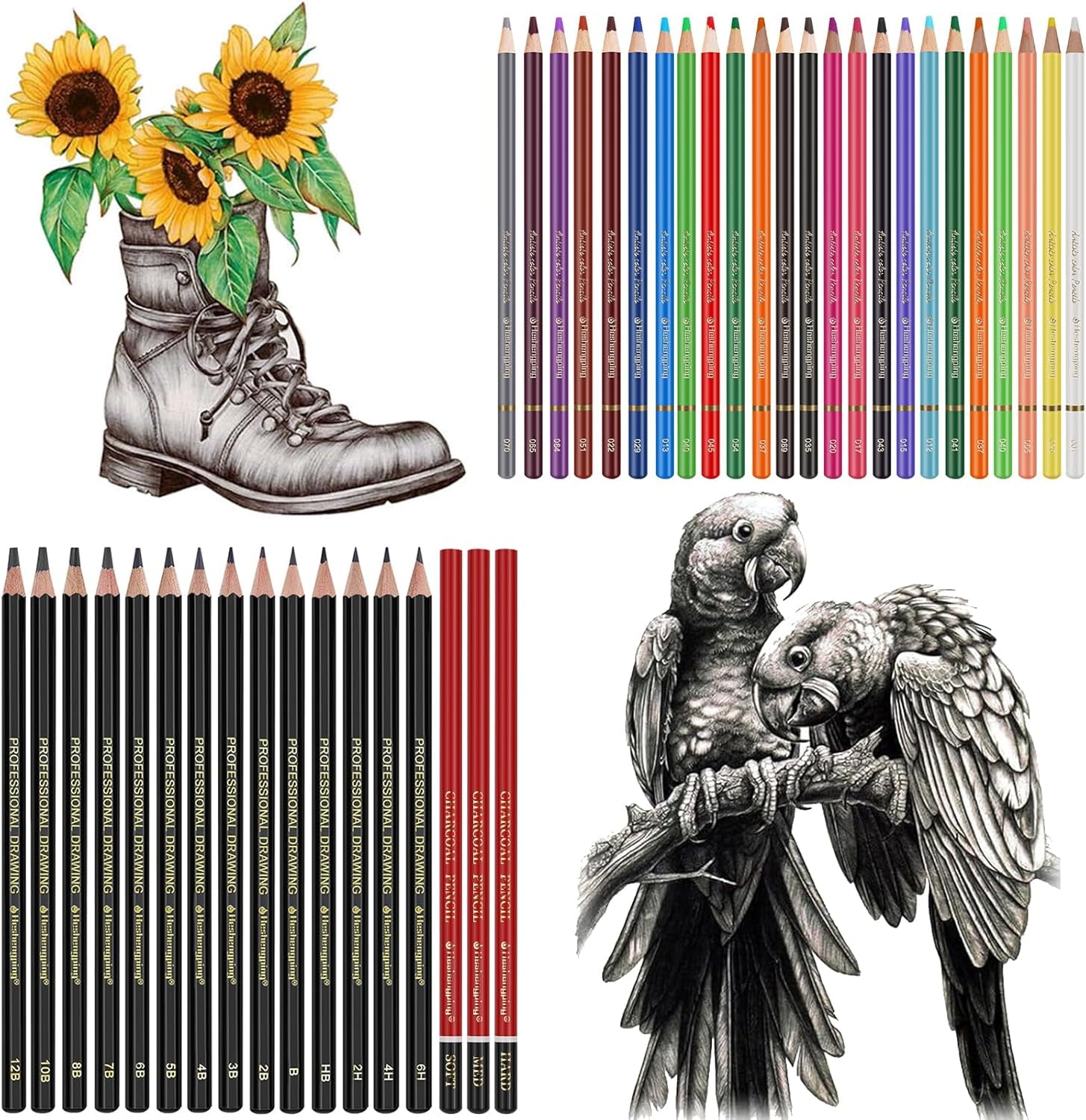 Sketch & Drawing Art Pencil Kit 52 Piece Set, 24 Color Pencil for Coloring Books, Pencil of Graphite & charcoal, 3-color Sketchbook, coloring book Etc, Art Supply Ideal for Adult Student Beginner