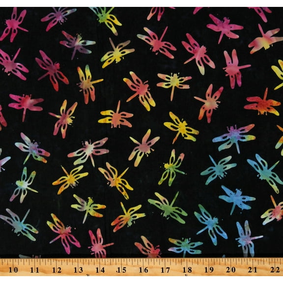 Cotton Batik Dragonfly Dragonflies Rainbow on Black Cotton Fabric Print by the Yard (TONGA-B7126 Black)
