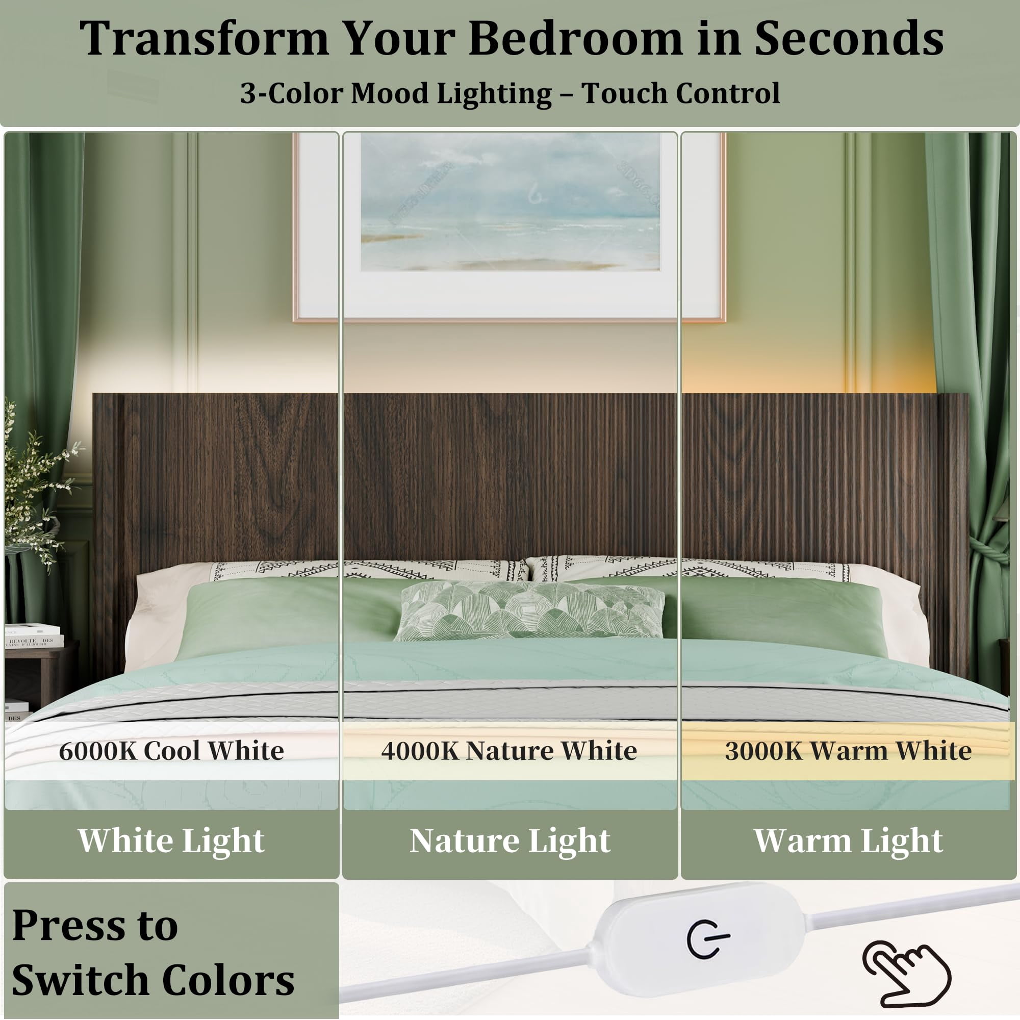 HMstone King Size Boho Headboard Only, Modern Fluted Wall-Mounted Head Board with Lighting, Wood Bed headboard Stylish Bedroom Decor, Espresso