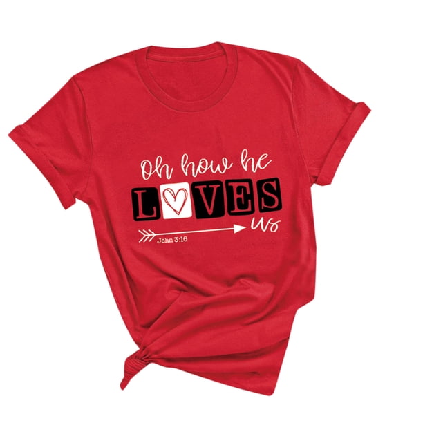 Mujeres Love Print Valentine's Day Gift Pareja Camiseta de manga corta con cuello redondo Tops Fridja gope4310