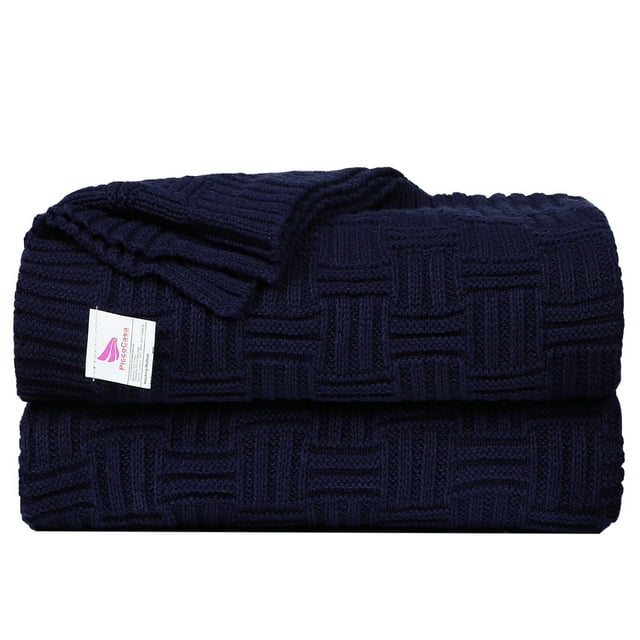 Knitted Throw Blanket for Sofa/Couch Soft 100% Cotton Home Blanket Navy Blue