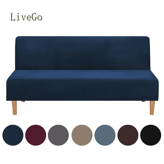 LiveGo Stretch Velvet Futon Cover Armless Sofa Covers Thick Sofa Bed Slipcover Protector, Navy Blue