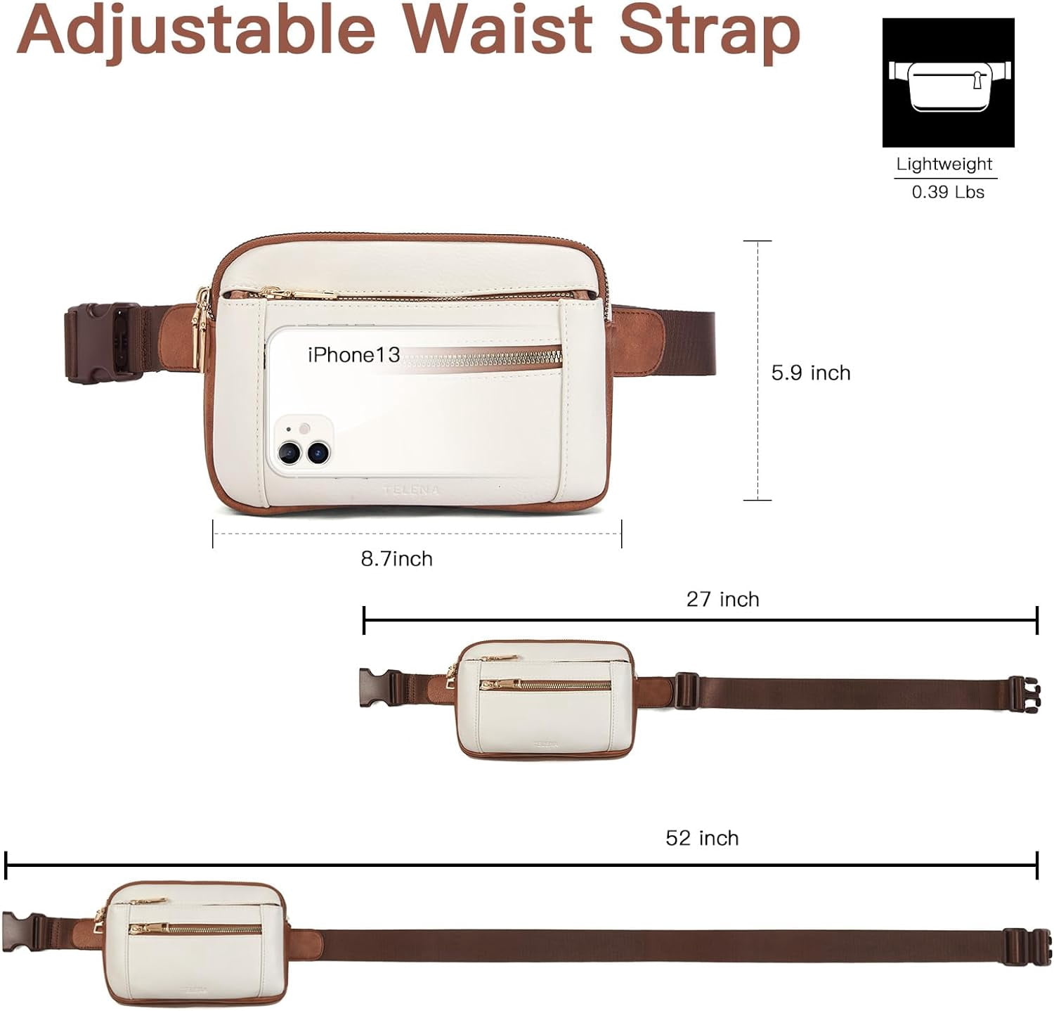 Fanny Packs for Women Cross Body Bag Leather Belt Bag Fashionable Waist Bag with Adjustable Strap Beige Brown