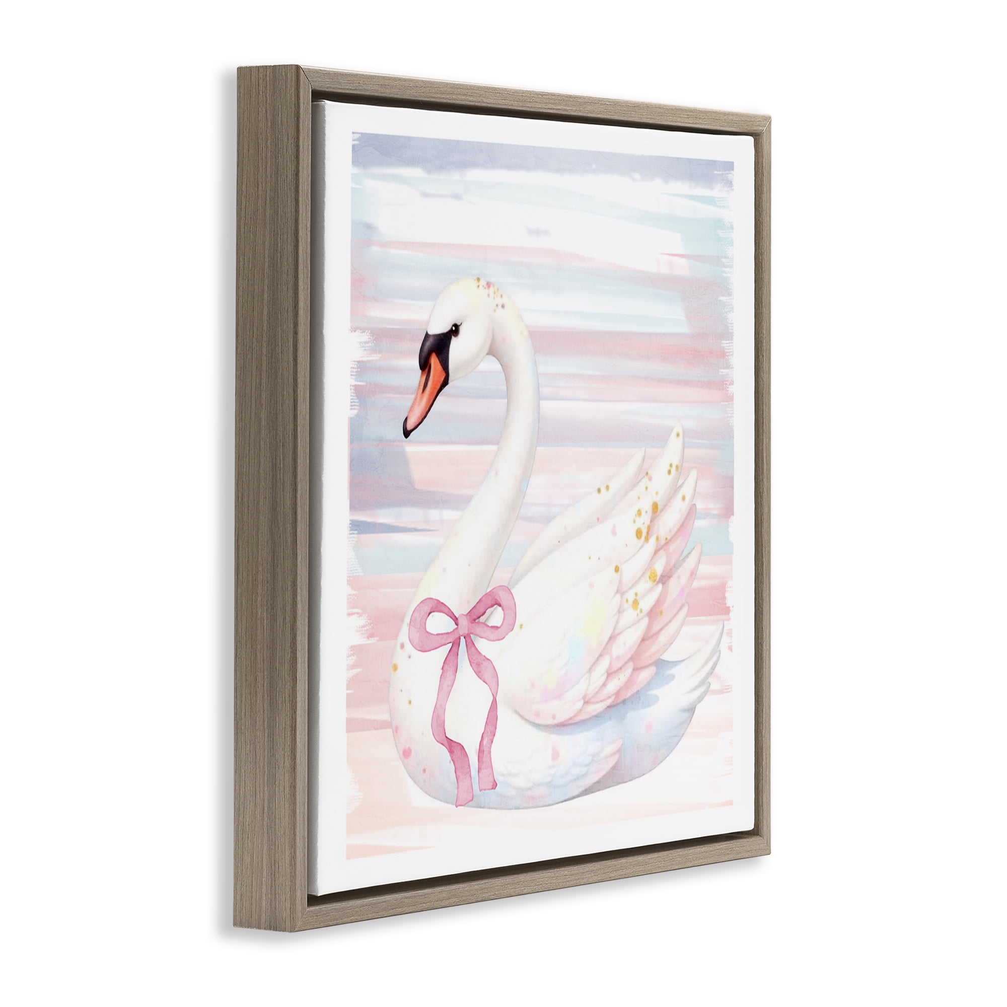 Pastel Swan with Ribbon Brown Framed Floater Canvas Wall Art, design by Kim Allen