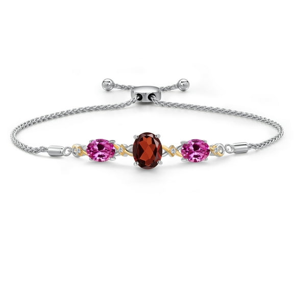 925 Silver & 10K Yellow Gold Red Garnet Pink Created Sapphire & Lab Grown Diamond Bracelet for Women | 6.16 Cttw | Gemstone January Birthstone | Oval 10X8MM and 8X6MM | Fully Adjustable 9 inch