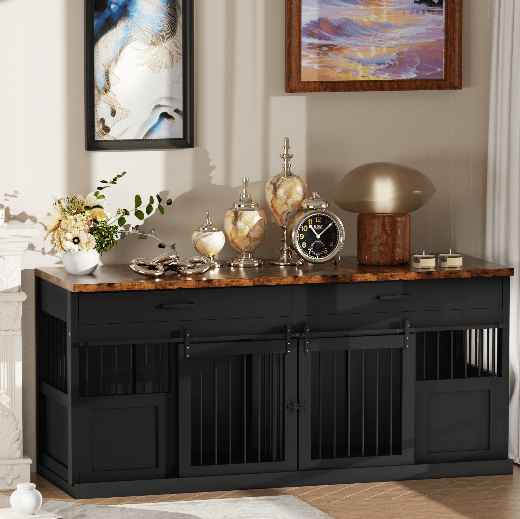 70.9" Large Double Dog Crate Furniture with Divider and 2 Drawers for 2 Dogs with 2-Door Indoor, Black+Natural Tabletop