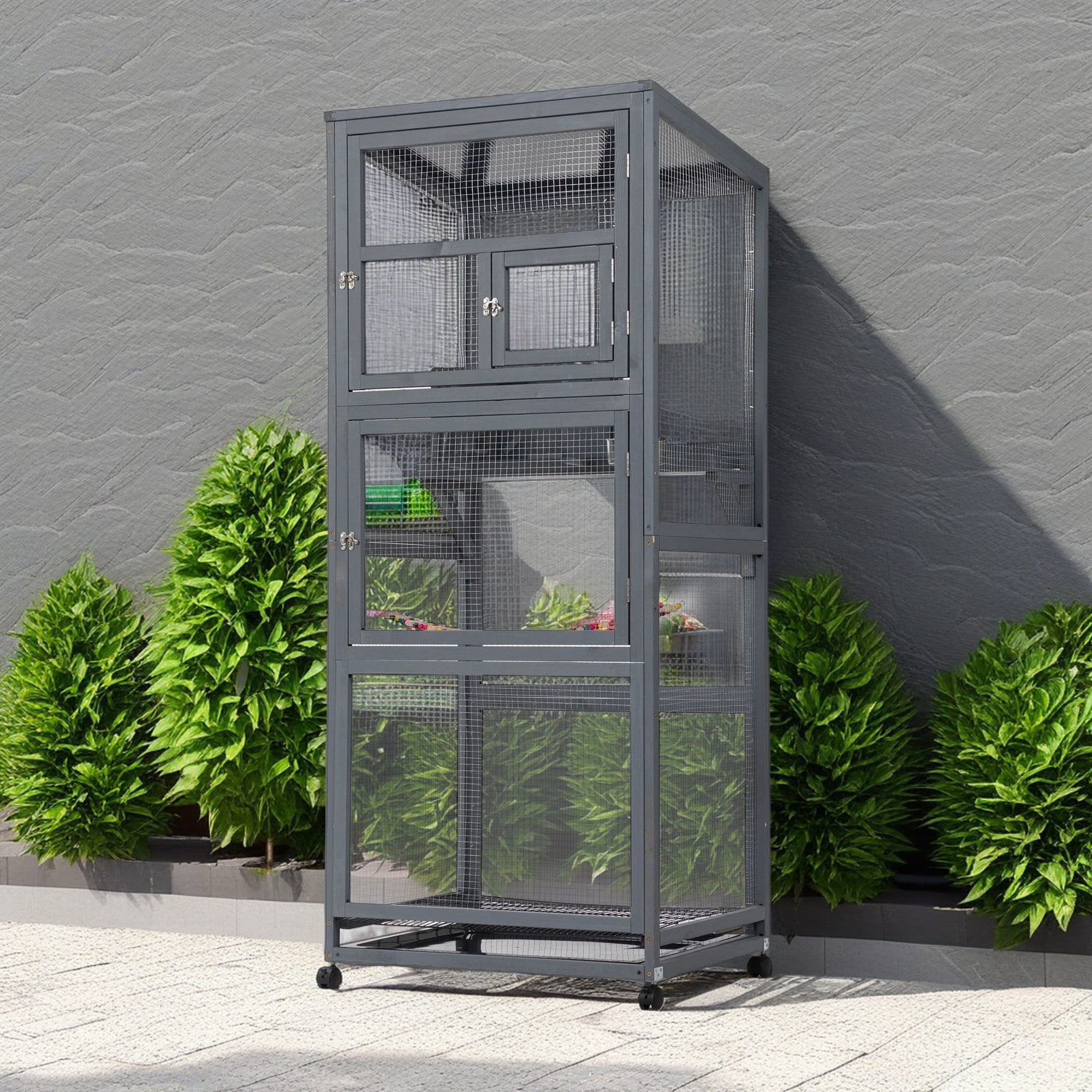Demi Bonn 68" Outdoor Large Bird Cage with Universal Wheels, Wood Bird Aviaries Flight Cage Indoor Bird Habitats for Habitat for Parakeets, Lovebirds, Canaries, Gray