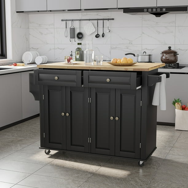 CAIDI Rolling Kitchen Island with Drop Leaf, Kitchen Cart with Rubber