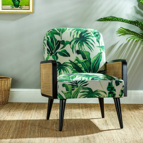 14 Karat Home Modern Upholstered Rattan Armchair, Reading Accent Chair