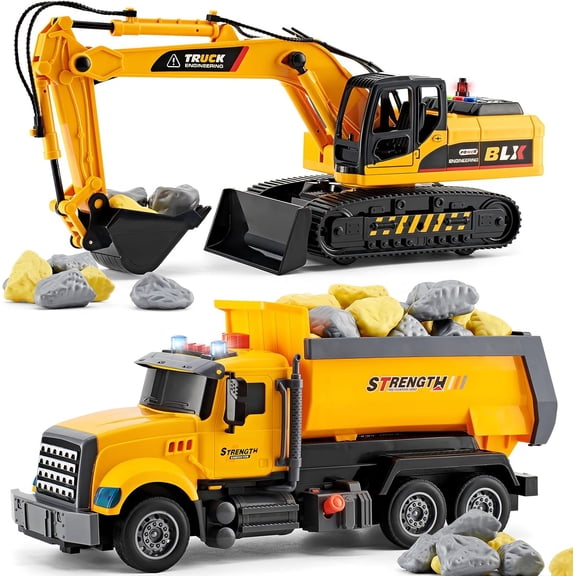 2 Pack Large Construction Engineering Truck Toys,Moveable Claw Excavator & Lifting Back Dump Truck Toy for 3 4 5 6 7 8 Years Old Boys Kids Childs Toddlers Birthday Christmas GIFS