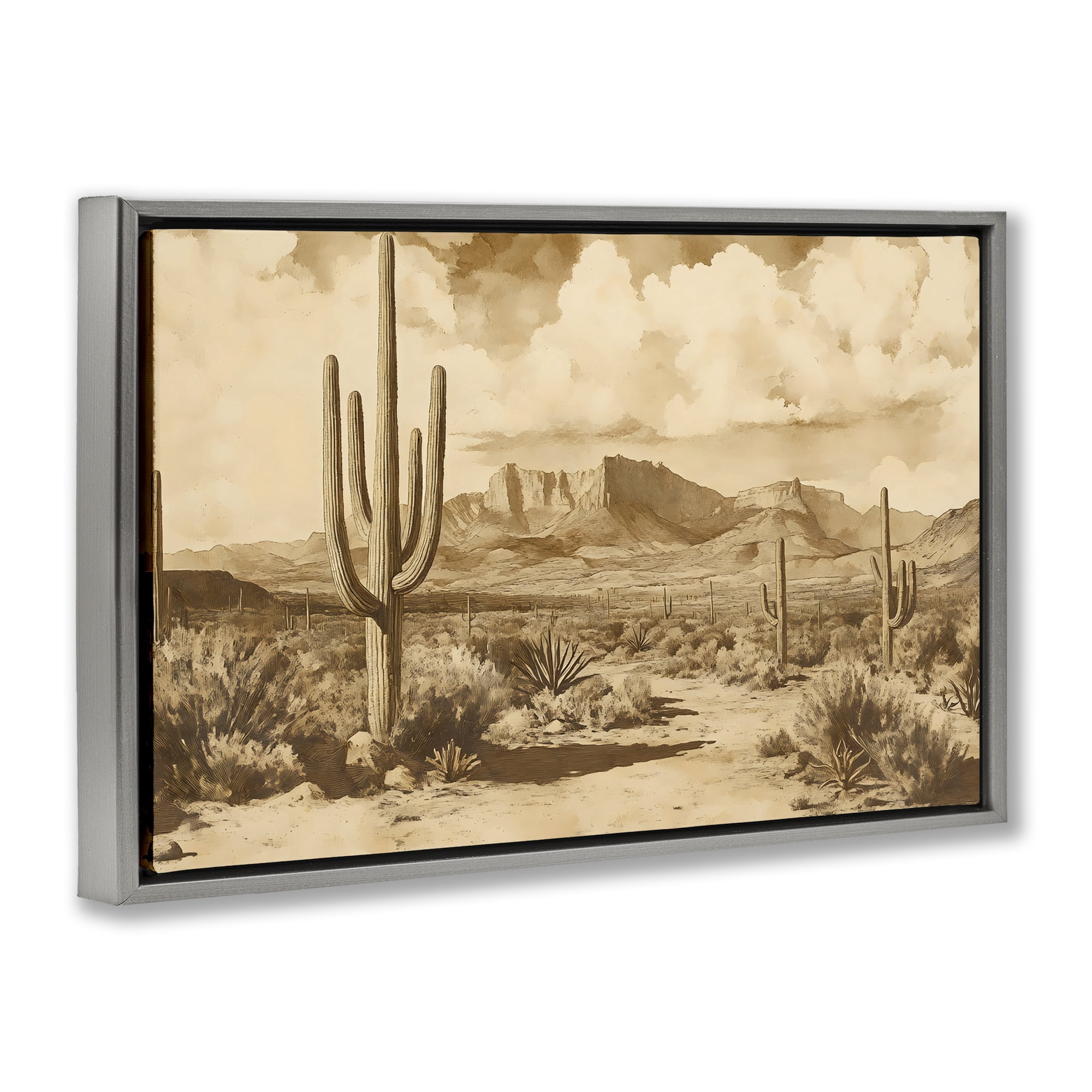 Stupell Industries Vintage Desert Peaks with Saguaro Gray Framed Floater Canvas Wall Art, design by Franklyn Gregory