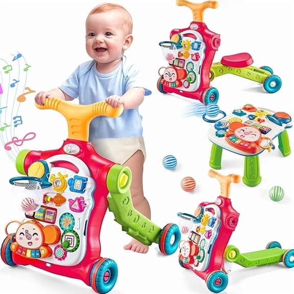 AuntyFey 5-in-1 Baby Walker, Adjustable Height Push Walker with Wheels, Sit to Stand Infant Learning Toy for Boys Girls, Red