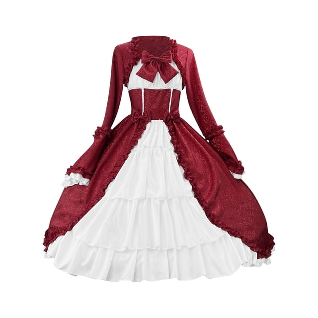 Pisexur Robe Médiévale pour Femmes Vintage à Nœud, Manches Longues, Robe Renaissance, Ourlet Fluide, Robes Midi, Mode, à Volants, Robe Gothique, Grande Taille P-5TG