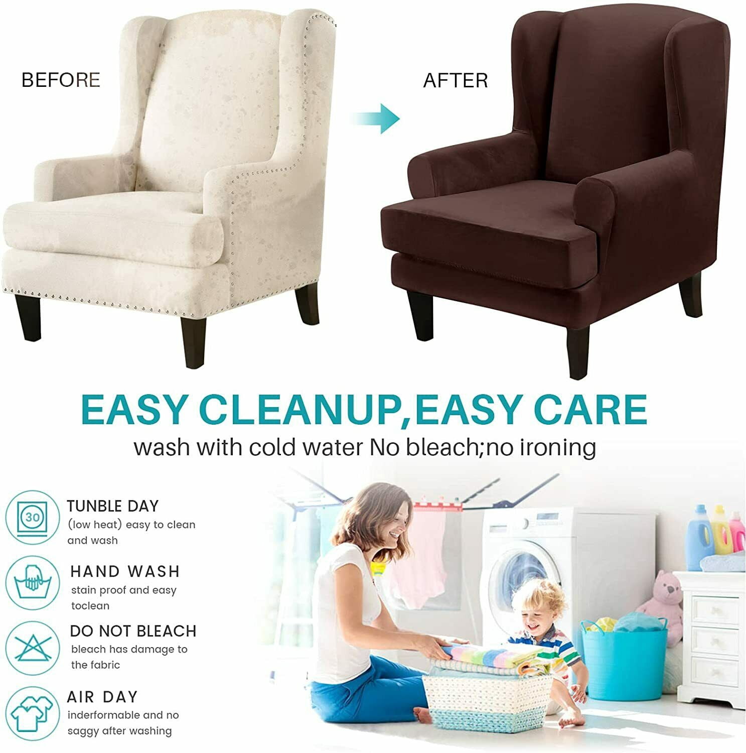 SHANNA Wingback Chair Slipcover Sofa Furniture Protector 2-Piece Armchair Covers with Seperate Seat Cushion Cover