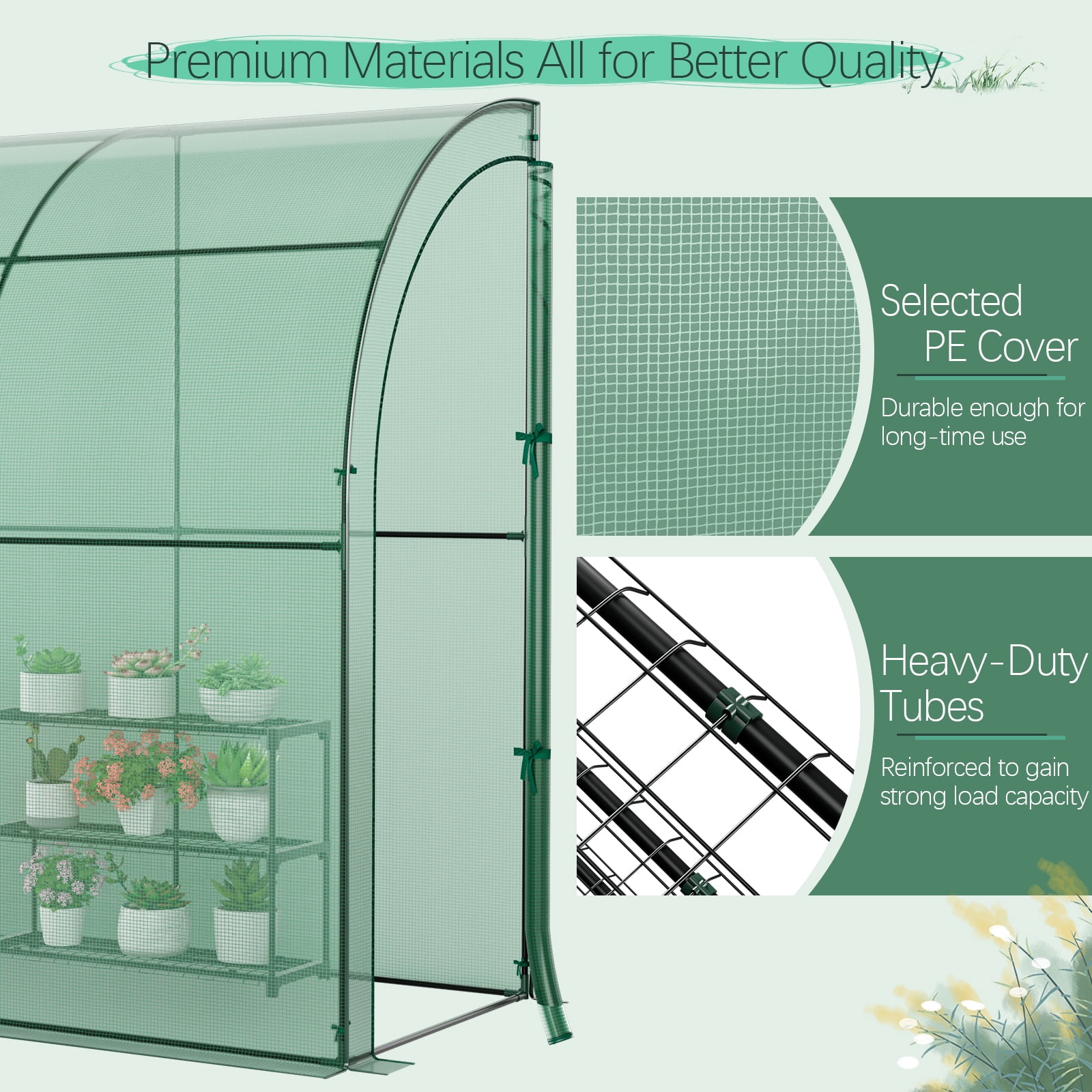 Patiojoy Lean-To Walk-In Greenhouse with Flower Rack 7’ x 3.5’ x 7’ Wall Green House with Roll-Up Doors Waterproof PE Cover & Metal Frame
