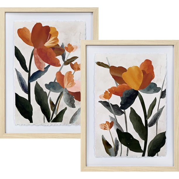 ArtbyHannah 2 Pack 12x16 inch Neutral Floral Framed Wall Art Set with