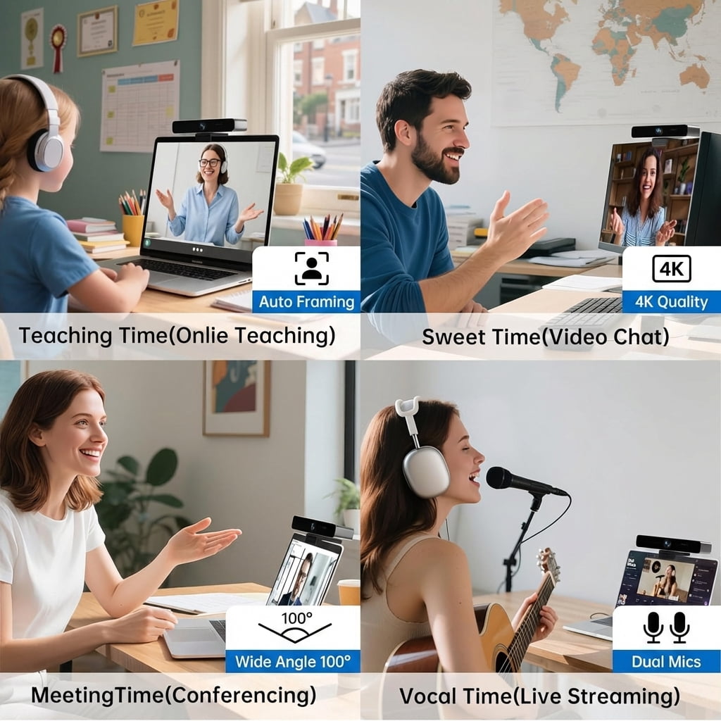 Horion 4K Ultra HD Webcam with Auto Framing, AI Noise Canceling Dual Mics, 100° Wide Angle USB Computer Camera for Video Conferencing and Live Streaming