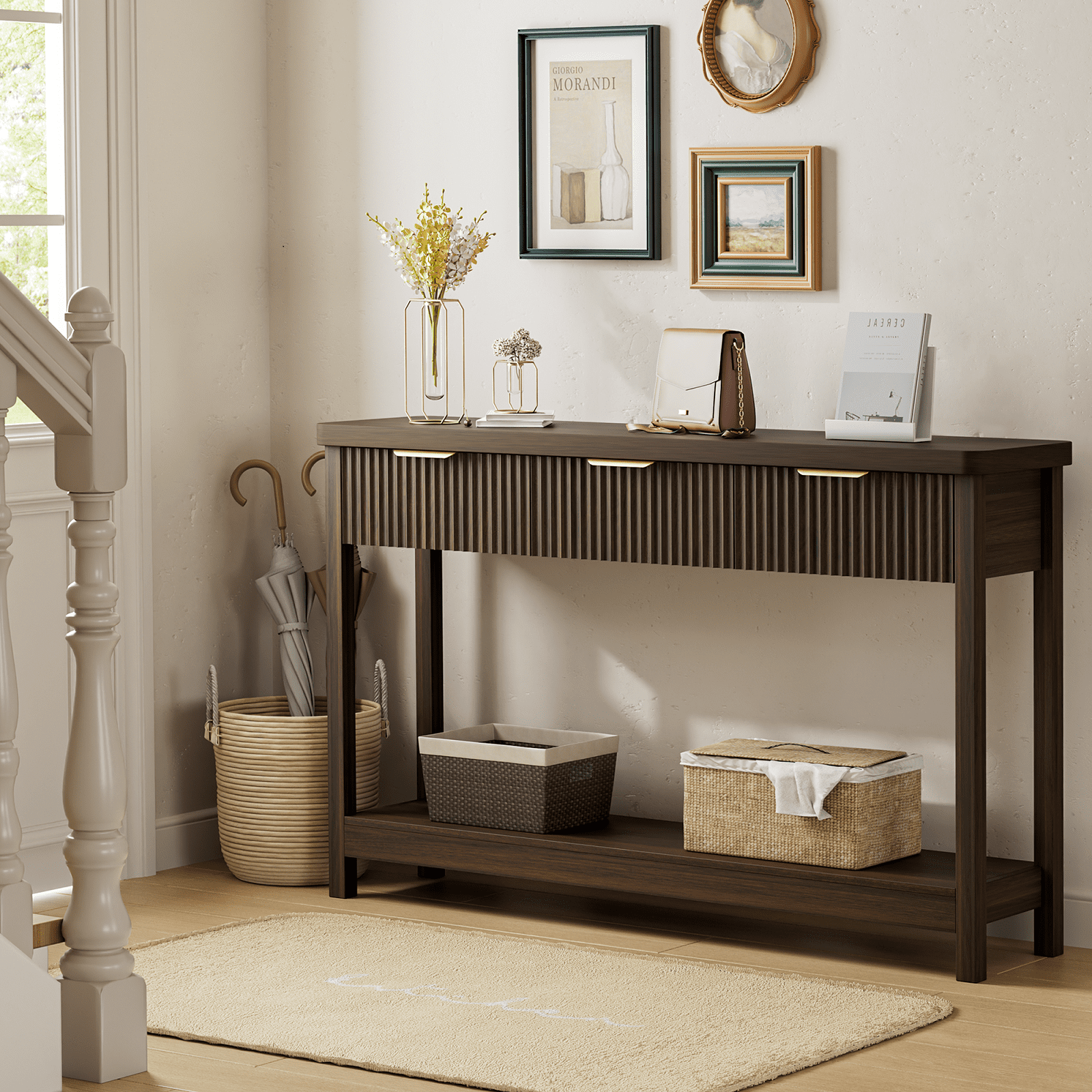 Aufeile 51" Entryway Table, Modern Fluted Console Table with 3 Storage Drawers and Open Shelf, Narrow Sofa Couch Table for Living Room Hallway Entrance Foyer, Walnut, Home Decor