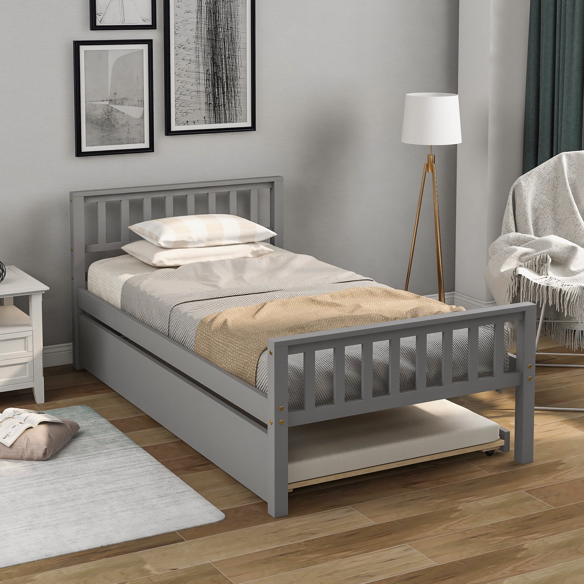 NEW Grey Wooden Bedroom Furniture Single Bed Frame With Guest Pull Out Trundle 