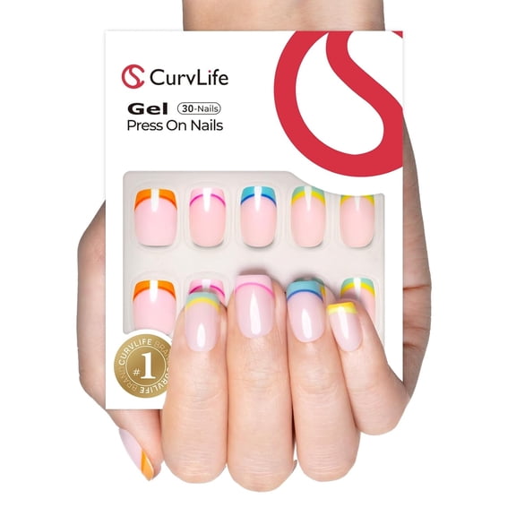CurvLife Colorful French Press-On Nails - 30PCS Short Square Fake Nails, Non-Toxic & Reusable, Salon Quality DIY