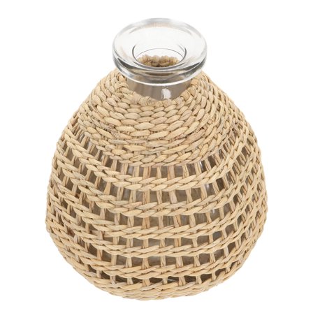 Woven Rattan Candle Holder with Glass Bottle and Grass Cover Vase for Home Decor