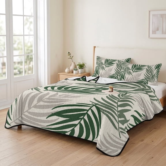 3 Piece Summer Bed Quilt Set Queen Size,Green Palm Leaves Seamless Lightweight Bedspread Coverlet with 2 Pillowcases Retro Linen Soft Comforter Bedding Quilts for All Season
